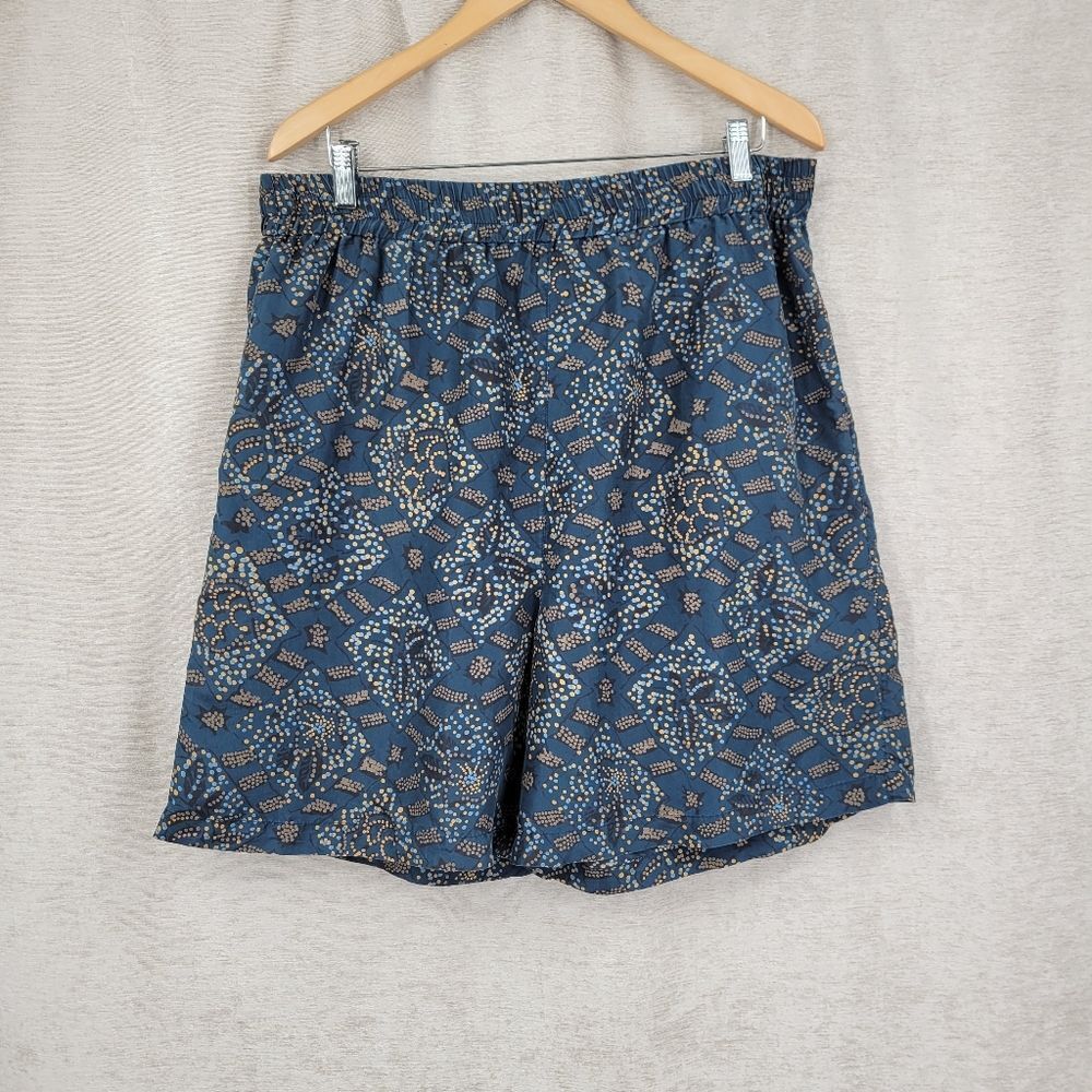 Silk Blue Patterned Elastic Waist Boxer Style Casual Shorts